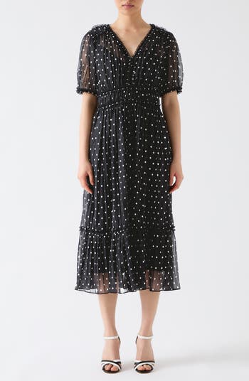 【LK BENNETT】Gigi ドット ミディ ドレス LK Bennett Gigi Polka Dot Short Sleeve Pleated Chiffon Midi