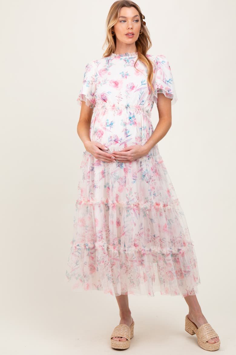 Floral Mesh Ruffle Tiered Midi Dress, Alternate, color, Ivory