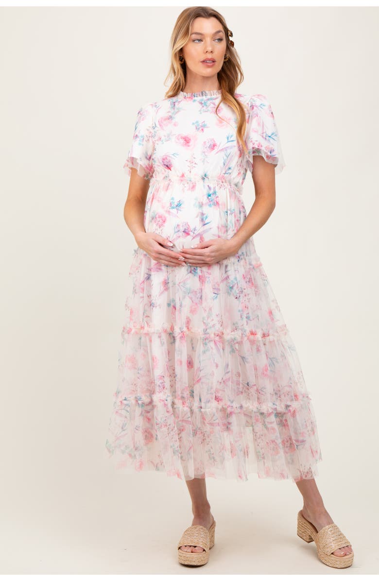 PinkBlush Floral Mesh Ruffle Tiered Midi Dress, Alternate, color, Ivory