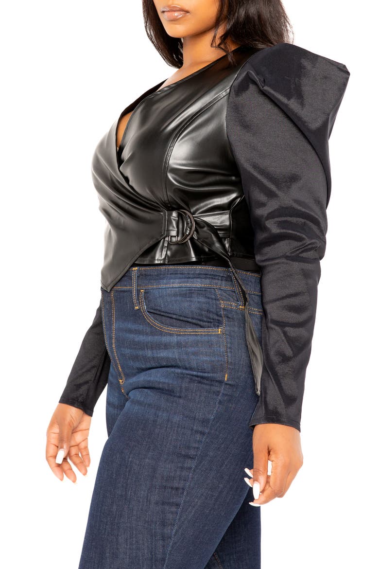 Exaggerated Shoulder Faux Leather Wrap Top, Alternate, color, BLACK
