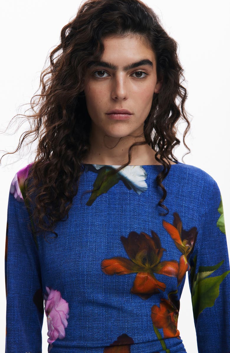 Desigual Floral Print Ruched Long Sleeve Maxi Dress, Alternate, color, Dark Blue