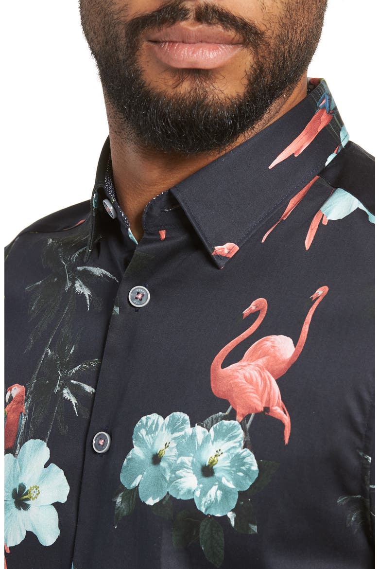 Chela Slim Fit Tropical Print Sport Shirt, Alternate, color, NAVY