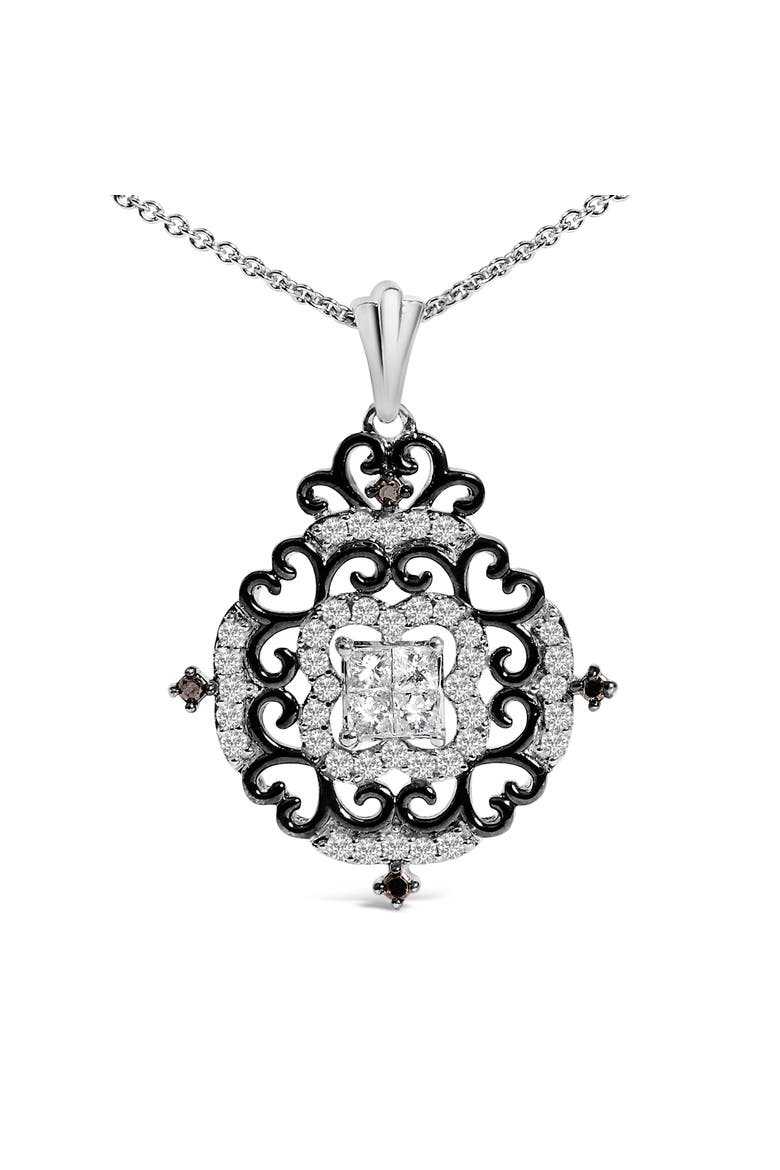 Black Rhodium Plated Sterling Silver 3/4 Cttw Diamond Ornate Medallion Pendant Necklace, Alternate, color, Silver