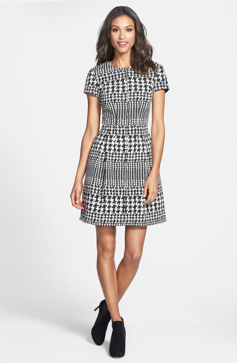 Eliza J Front Zip Houndstooth Jacquard Fit & Flare Dress, Alternate, color, 