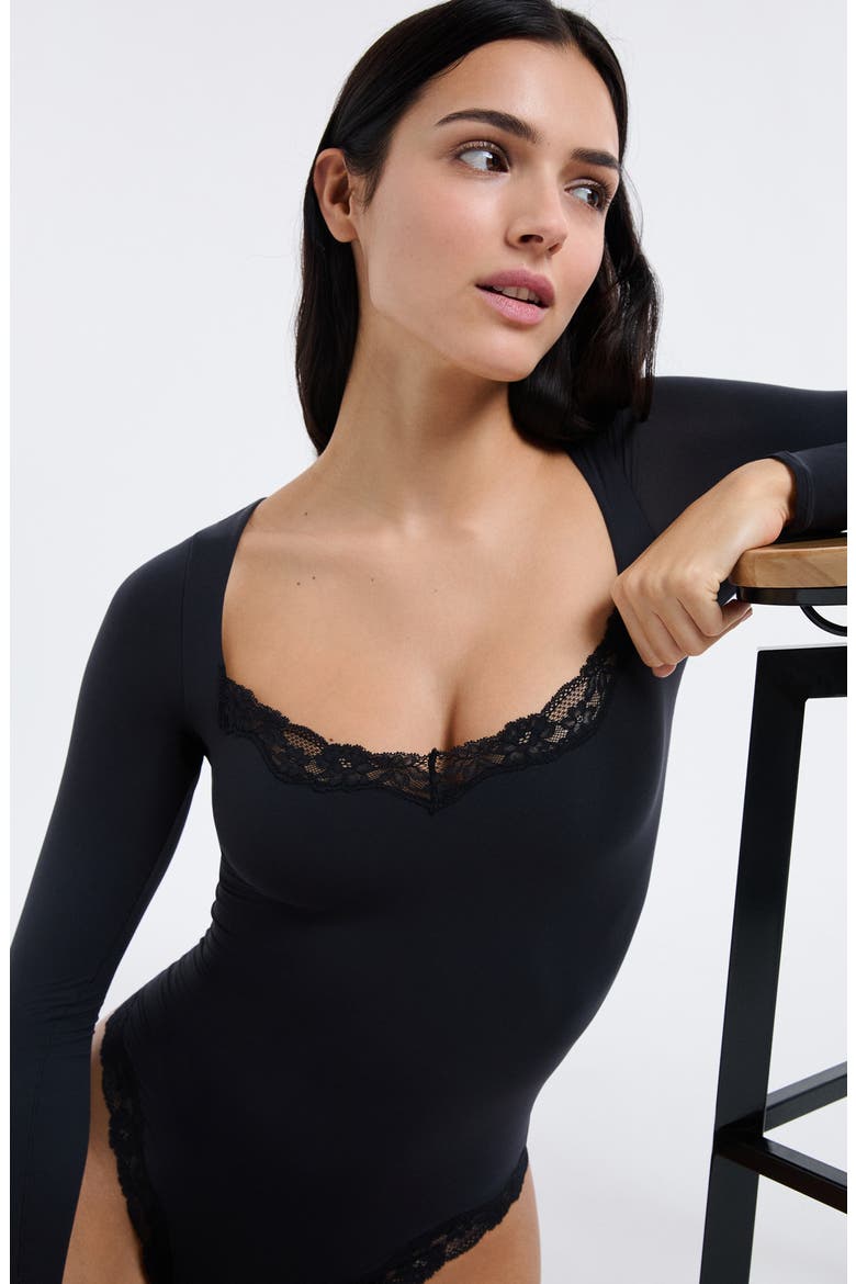 Pure Soft Lace Trim Bodysuit, Alternate, color, BLACK