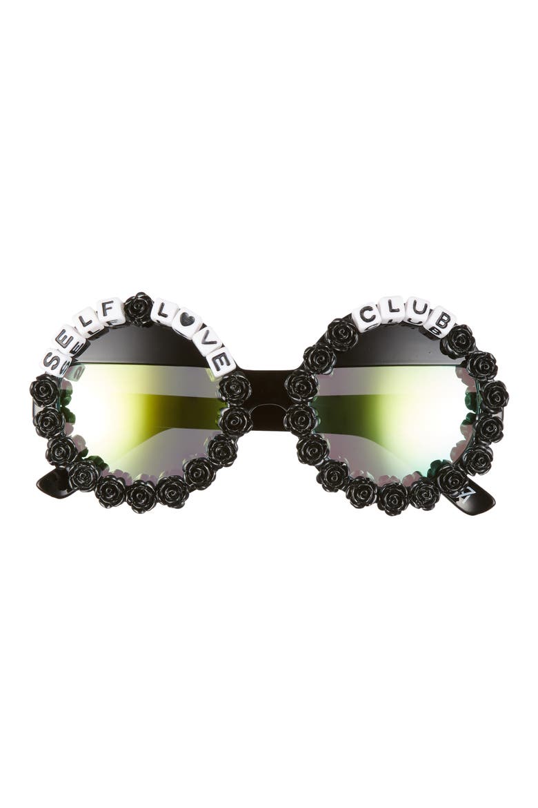 Self Love Club Round Sunglasses, Main, color, BLACK/ GREEN MIRRORED