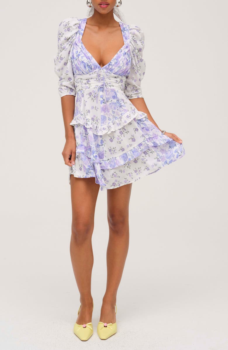 For Love & Lemons Rosalyn Print Ruffle Puff Sleeve Minidress, Main, color,