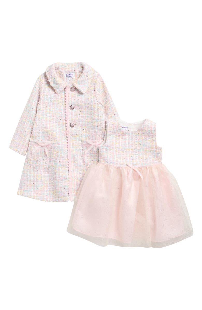 BLUEBERRY Kids' Party Dress & Bouclé Coat Set, Main, color, Light Pink