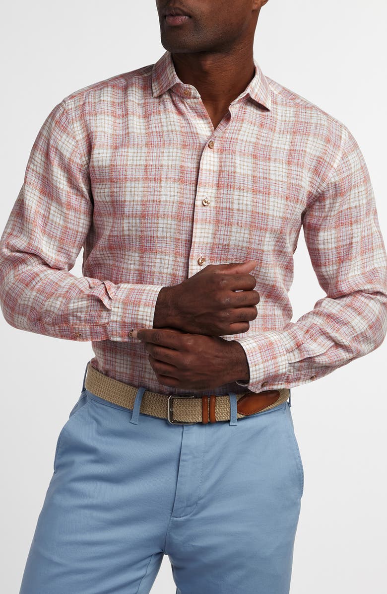 David Donahue Linen Check Sport Shirt, Main, color, Red/ Multi