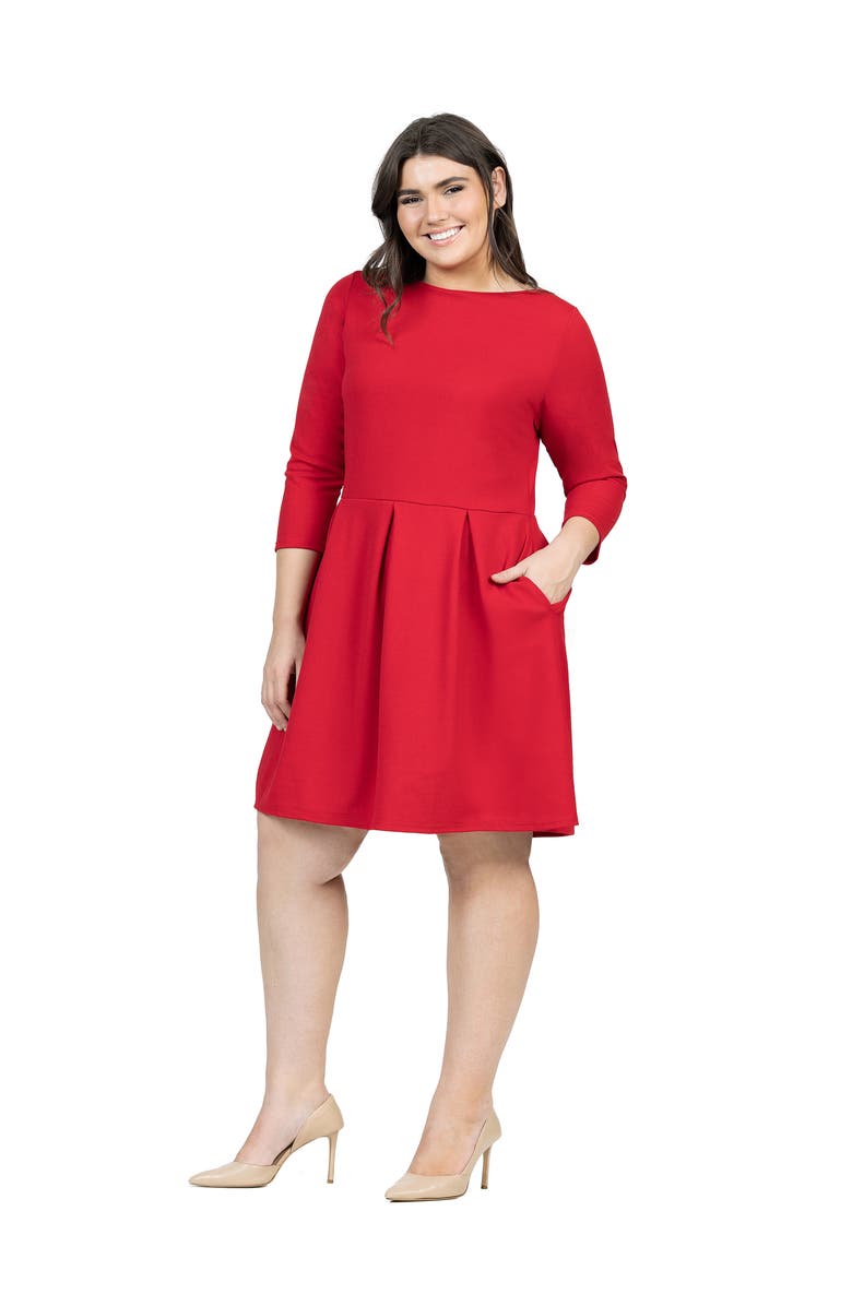 24seven Comfort Apparel Plus Size Perfect Fit and Flare Pocket Dress, Alternate, color, Red