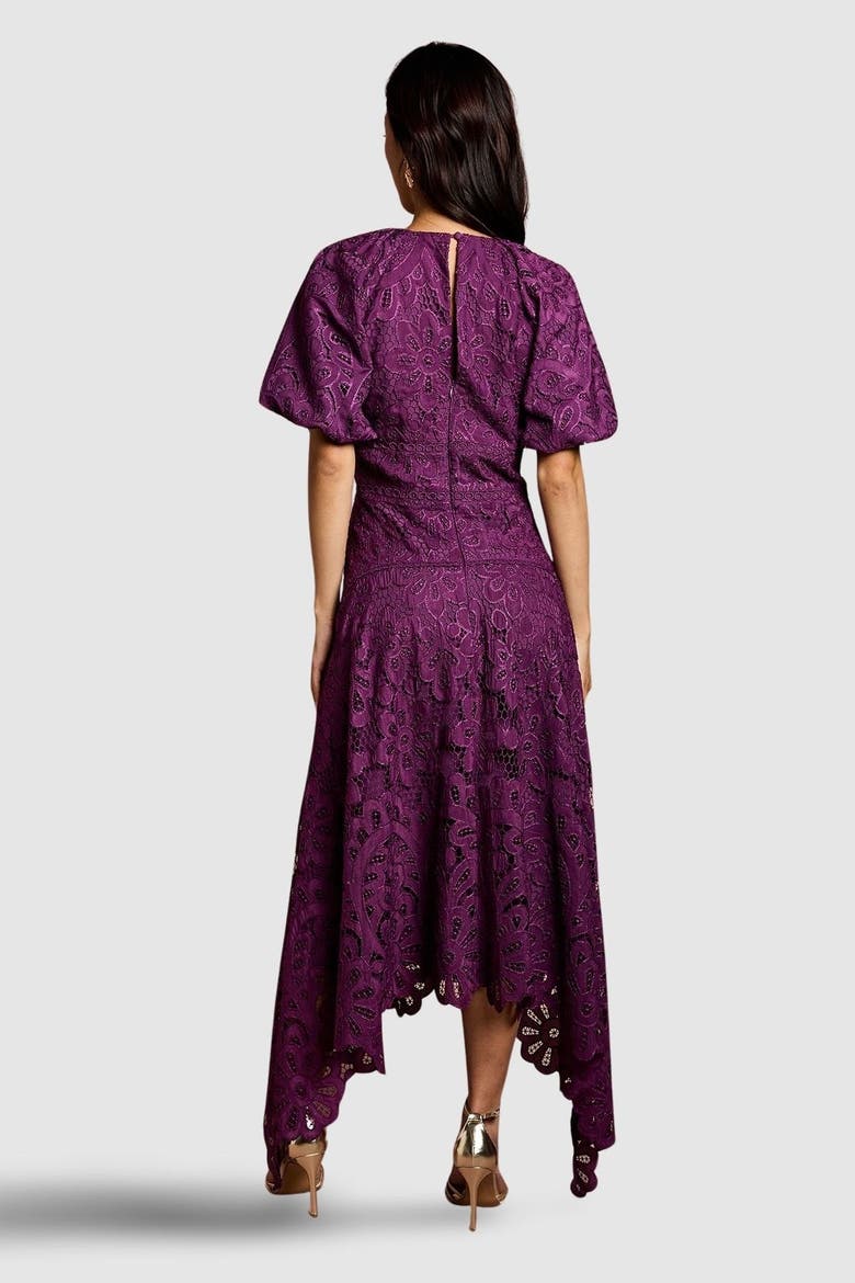 Lace Hanky Hem Puff Sleeve Dress, Alternate, color, Plum