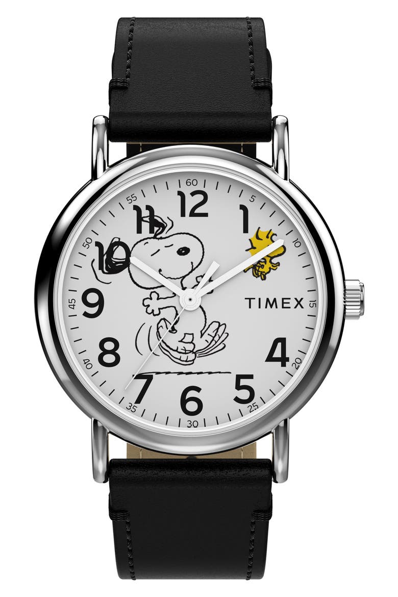 x Peanuts Weekender 75th Anniversary Edition Leather Strap Watch, 38mm, Main, color, BLACK