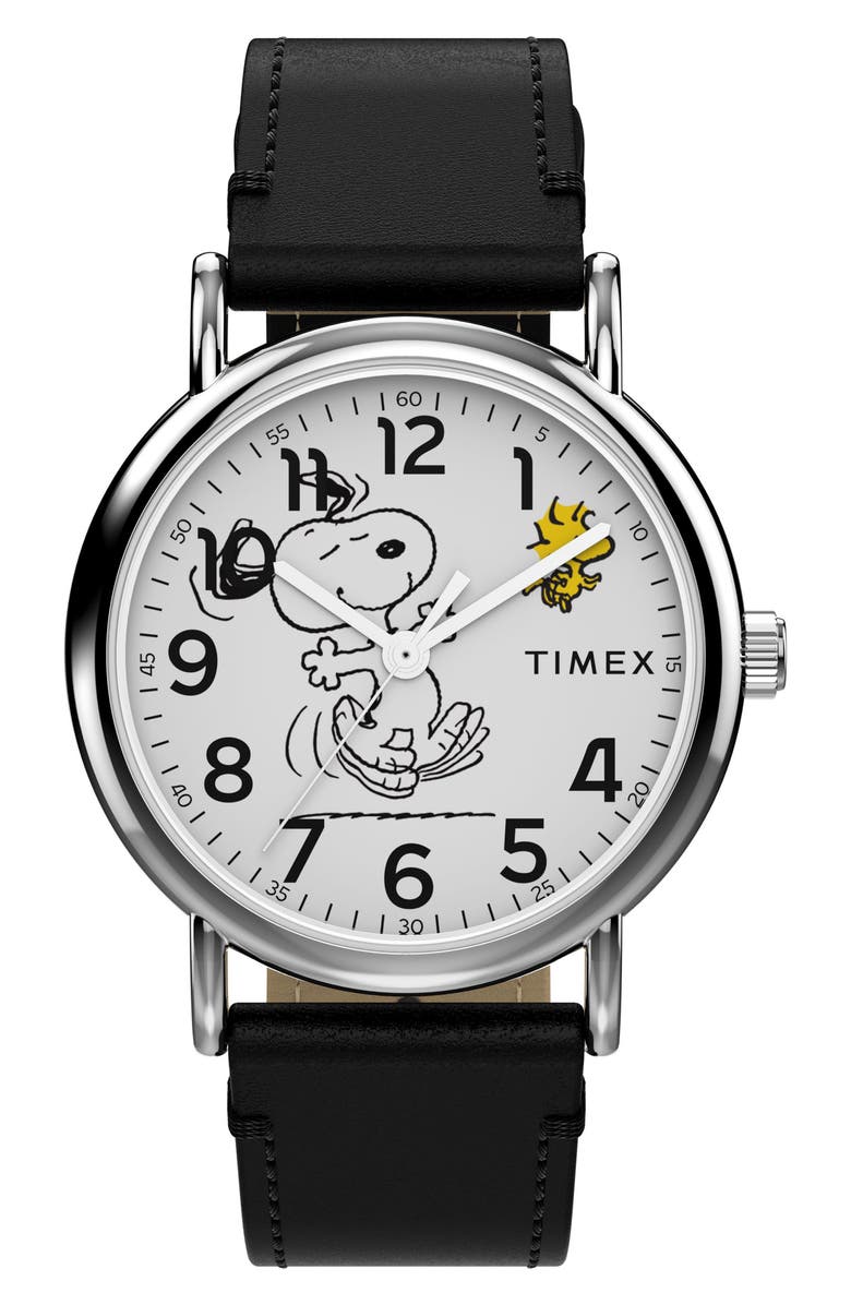 Timex<sup>®</sup> x Peanuts Weekender 75th Anniversary Edition Leather Strap Watch, 38mm, Main, color, White