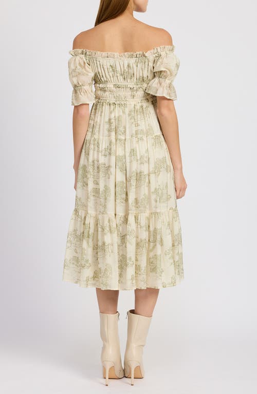 En Saison Leighton Toile Print Off The Shoulder Midi Dress In Cream Olive