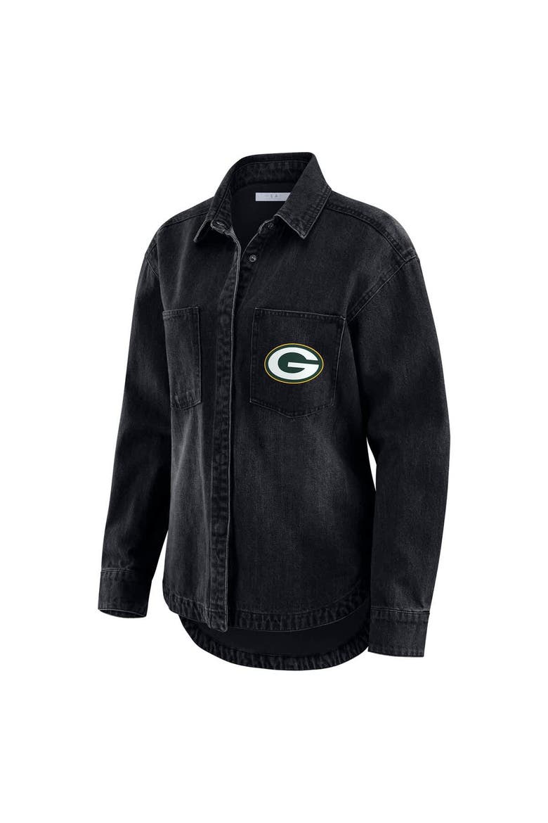 Women's WEAR by Erin Andrews Black Green Bay Packers Washed Oversized Denim Full-Snap Shacket, Alternate, color, Black