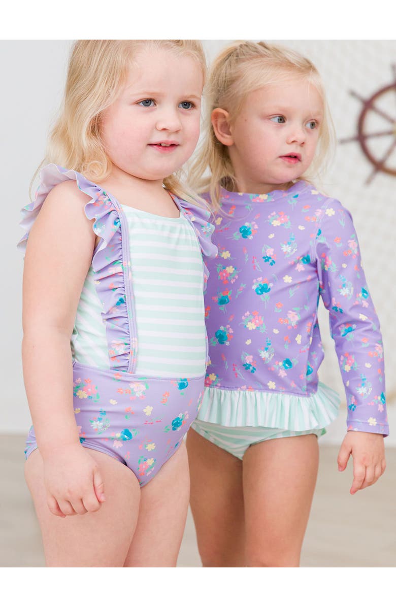 RuffleButts Girls UPF50+ Pinafore One Piece, Alternate, color, Purple Garden