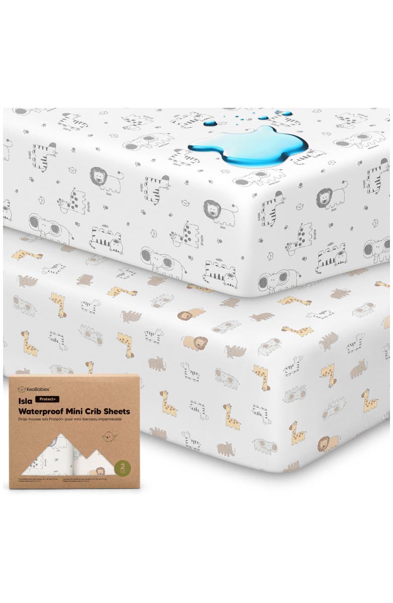 KeaBabies 2-Pack Isla [Protect+] Waterproof Mini Crib Sheets, Main, color, Keasafari