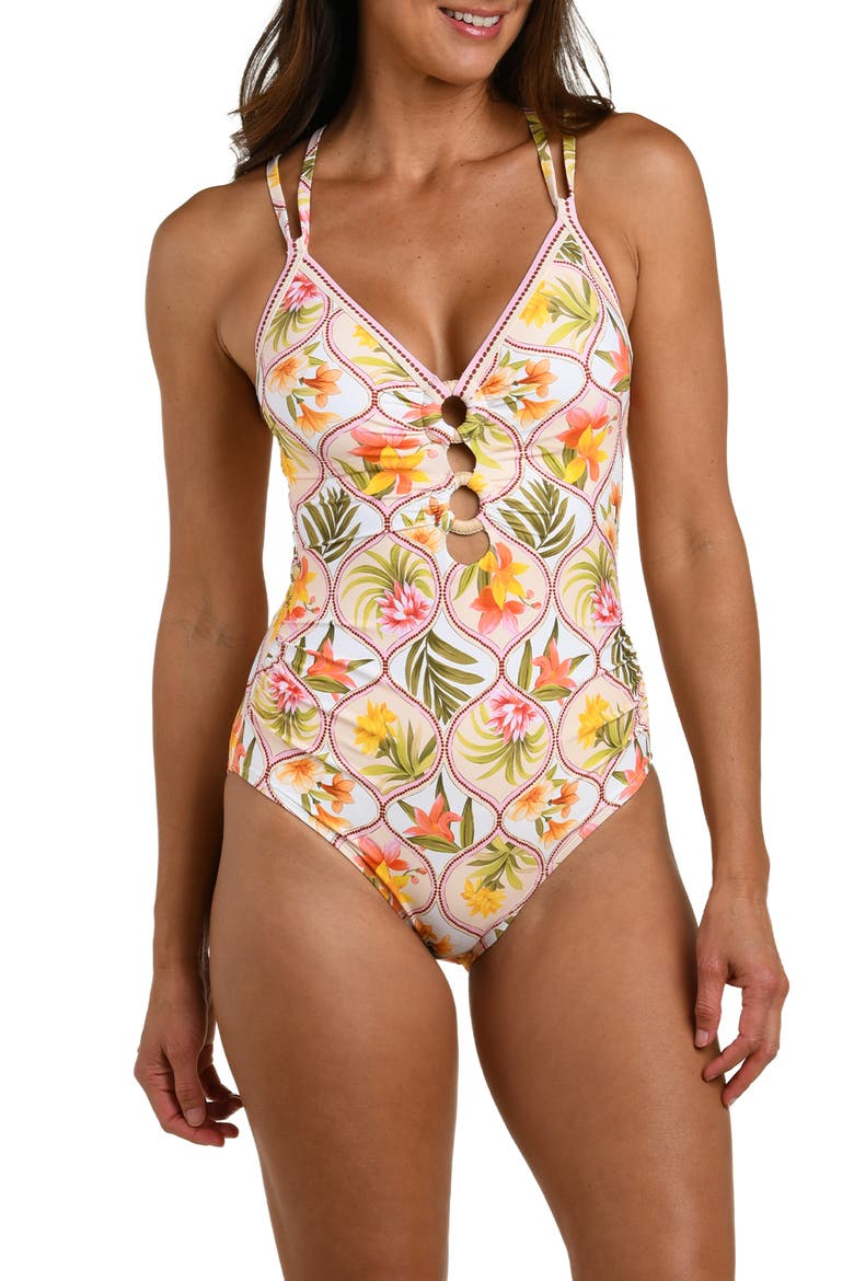 Palm Lace-Up Underwire One-Piece Swimsuit, Main, color, WHITE MULTI