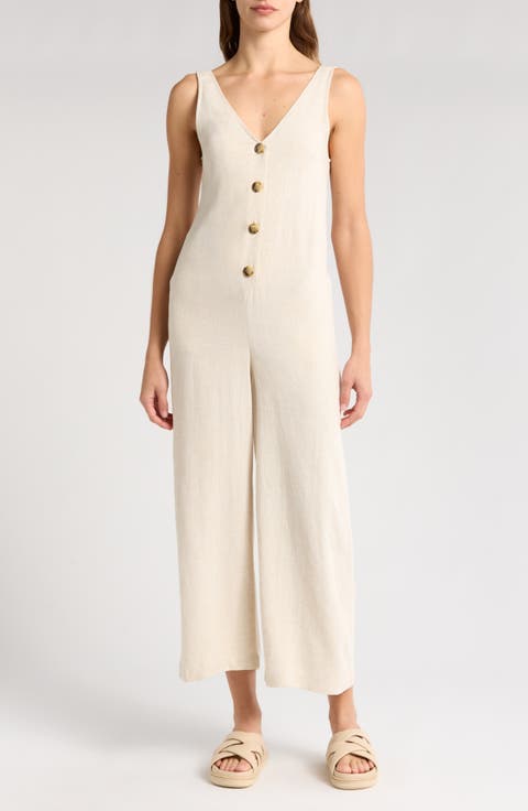 Button-Up Wide Leg Cotton Jumpsuit