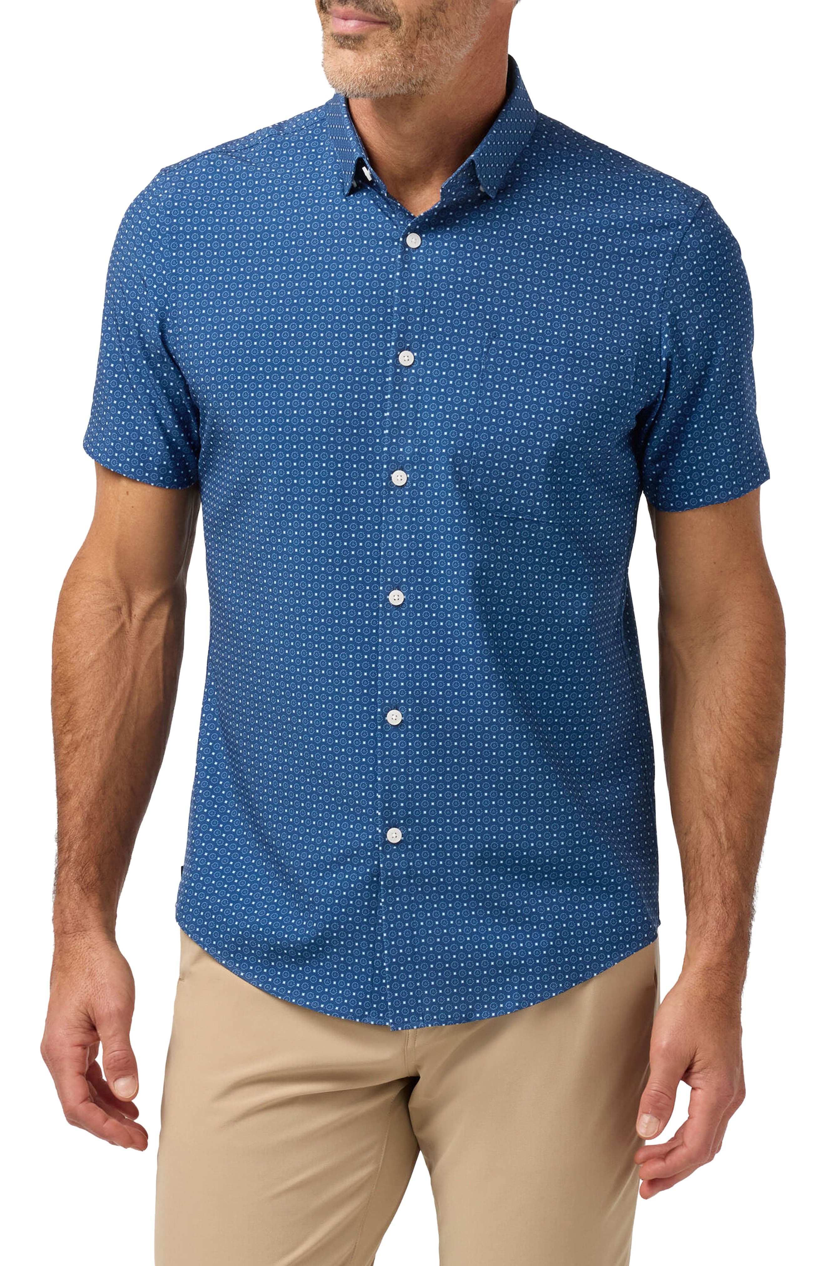 Leeward Trim Fit Navy Medallion Print Short Sleeve Button-Up Shirt