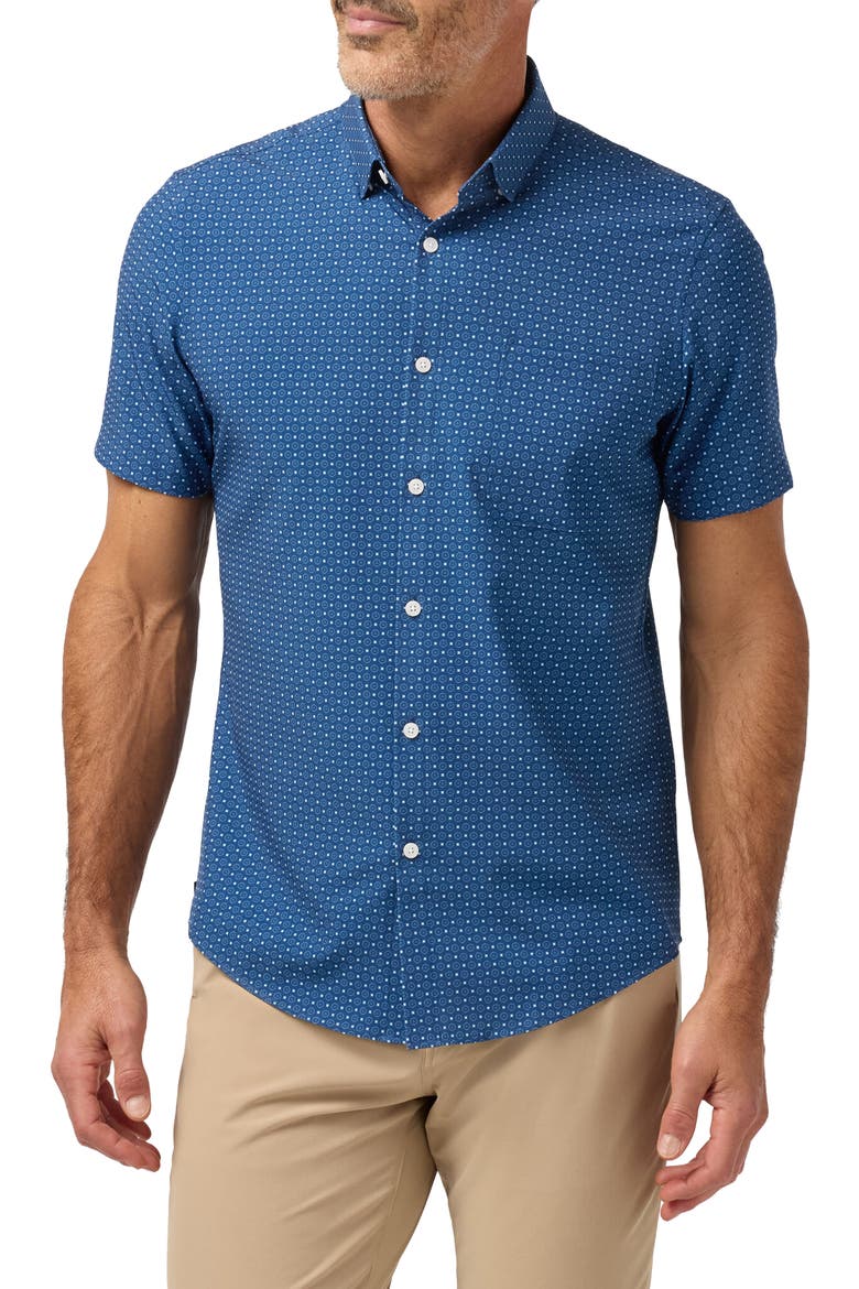 Leeward Trim Fit Navy Medallion Print Short Sleeve Button-Up Shirt, Main, color, MIDNIGHT NAVY MEDALLION PRINT