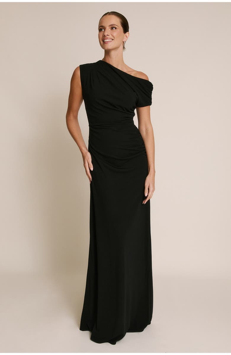 Six Stories Slash Neck Draped Bridesmaid Dress, Main, color, Black