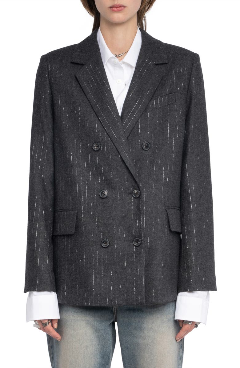 Zadig & Voltaire Vaska Metallic Stripe Double Breasted Blazer, Main, color, Anthracite