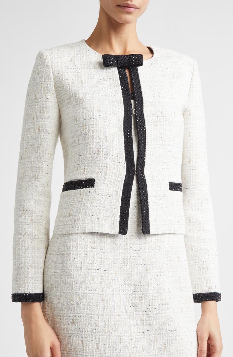 ST. JOHN Cannes Stud Trim Tweed Crop Jacket, Alternate, color, Ecru Metallic/ Black