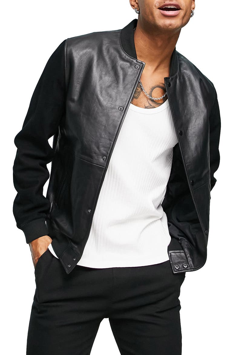 Oversize Leather Bomber Jacket, Main, color, BLACK