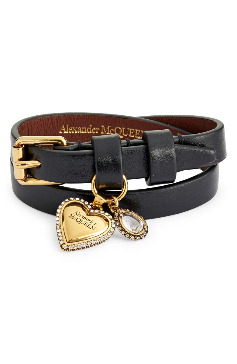 McQueen Charms Leather Double Wrap Bracelet, Main, color,