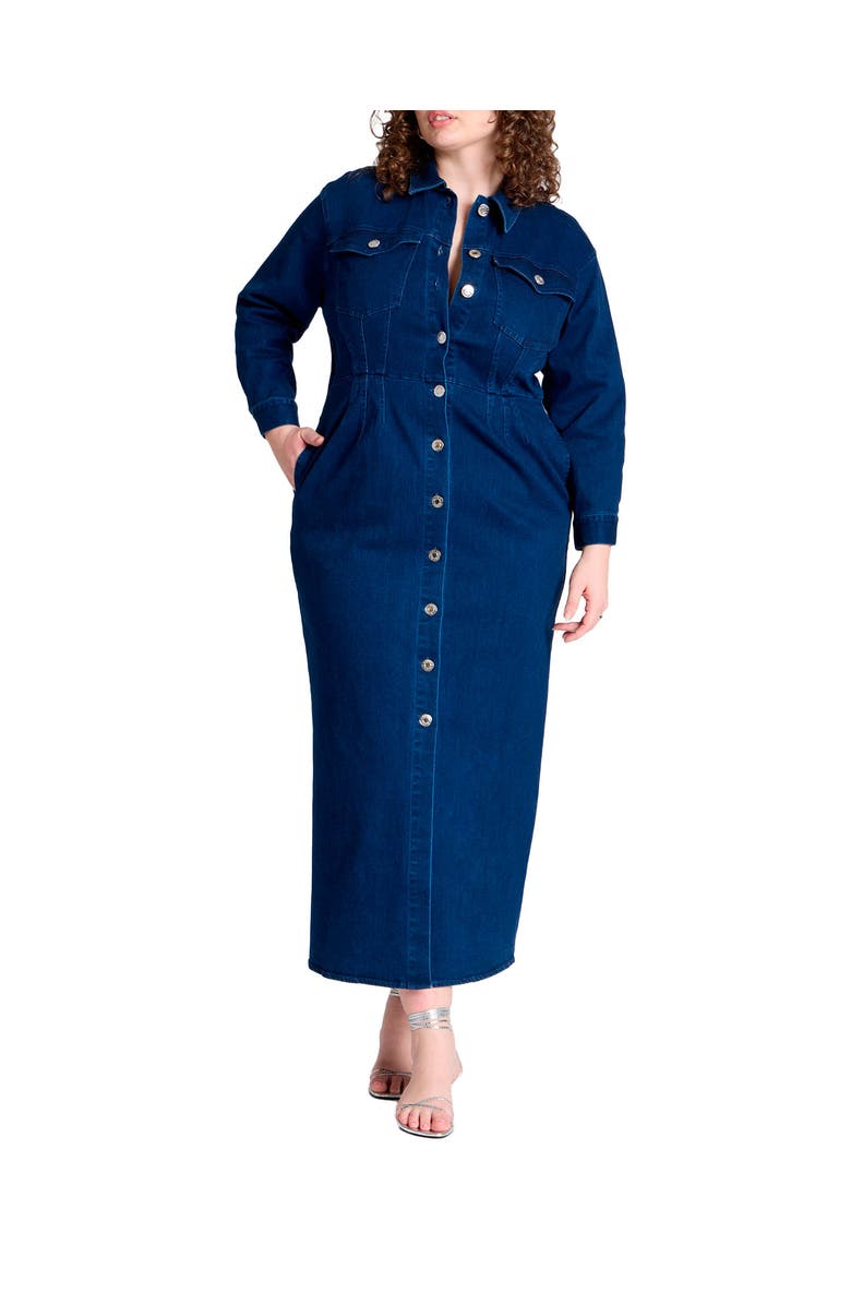 ELOQUII Denim Fitted Dress, Main, color, Medium Wash
