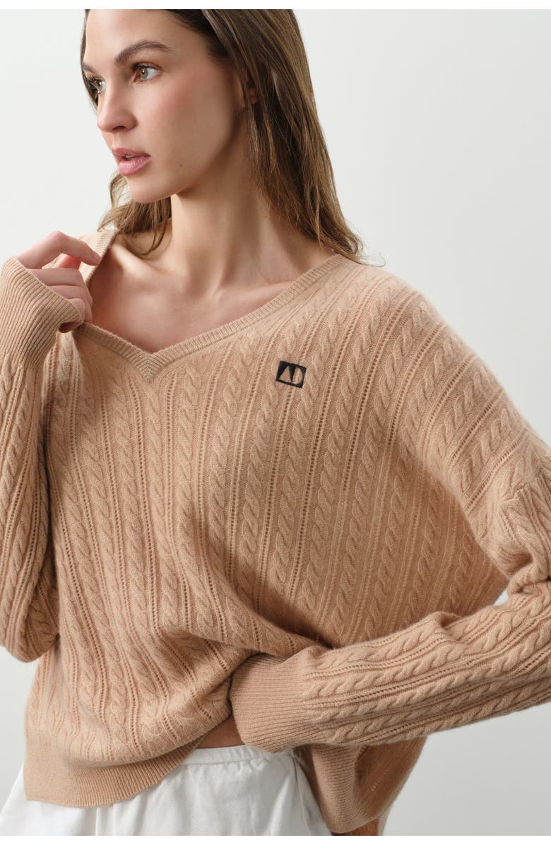 NAKED CASHMERE Elina Cashmere Cableknit V-Neck, Alternate, color, Honey