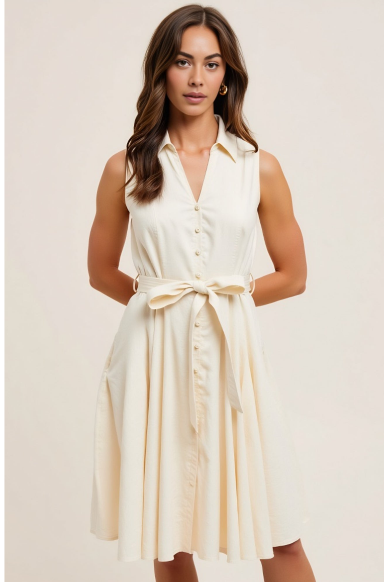Sleeveless Button-Front Tie-Waist Shirt-Collar Fit-and-Flare Dress, Main, color, Ivory
