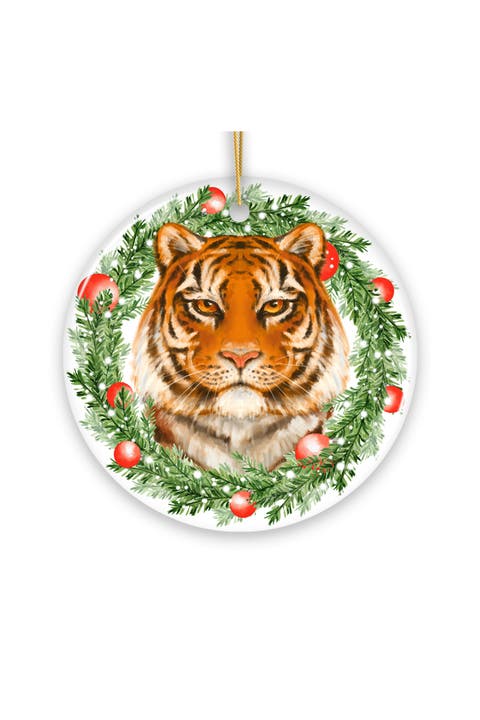 Tiger Portrait Evergreen Wreath Ceramic Ornament