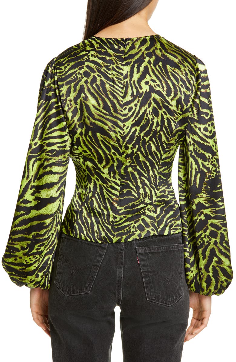 Ganni Tiger Print Silk Satin Blouse, Alternate, color, 