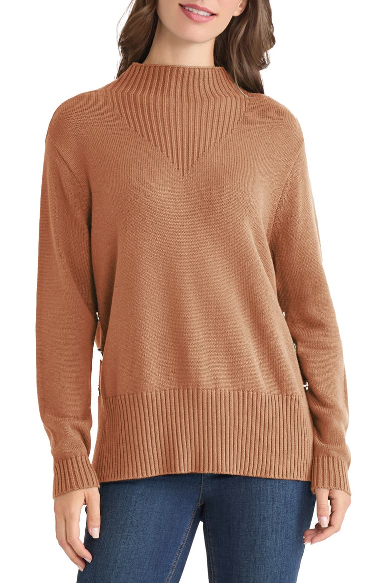 Button Detail Rib Funnel Neck Sweater, Main, color, CARAMEL