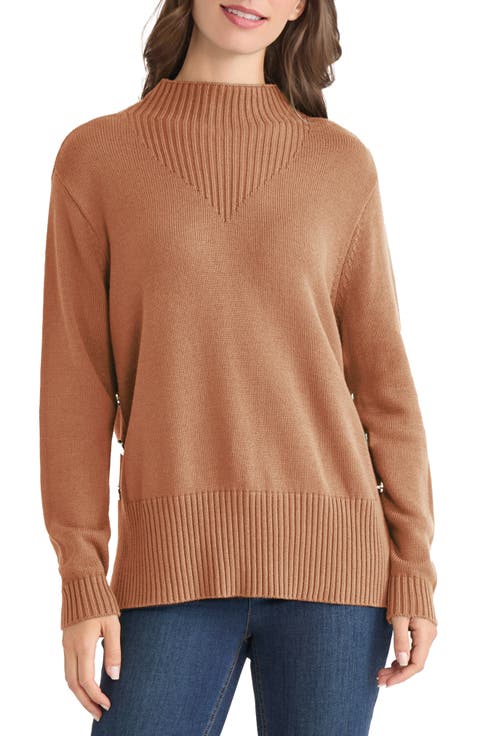 Button Detail Rib Funnel Neck Sweater