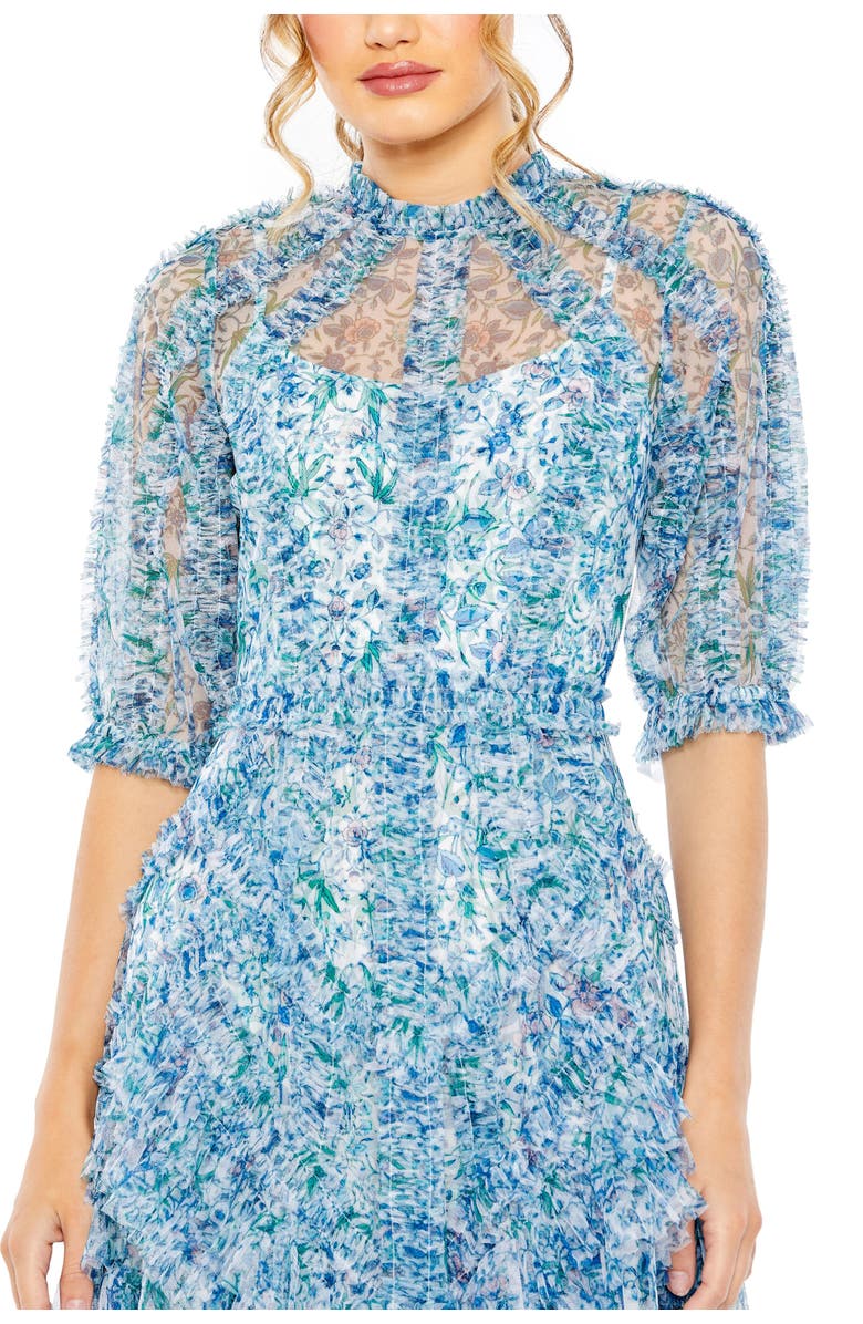 Mac Duggal Puff Sleeve Floral Print Mesh Dress, Alternate, color, Blue Multi
