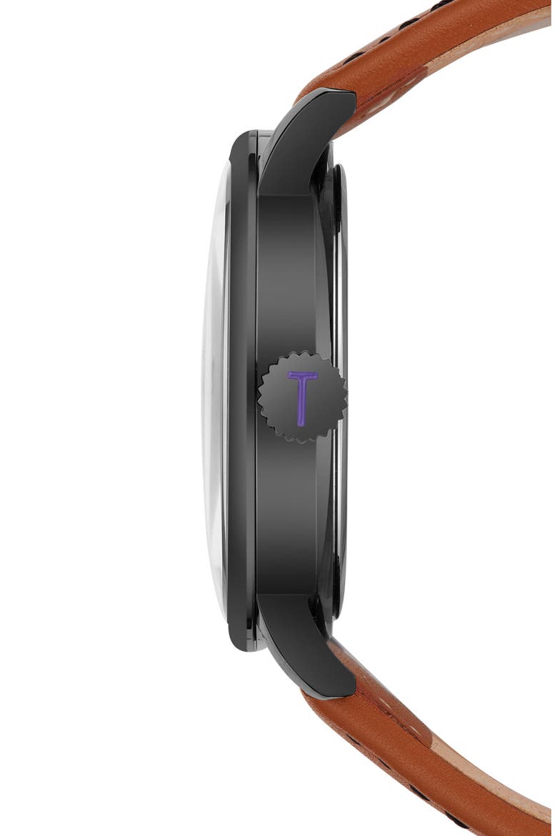 Daniel Leather Strap Watch, 42mm, Alternate, color, BLACK/ LIGHT BROWN