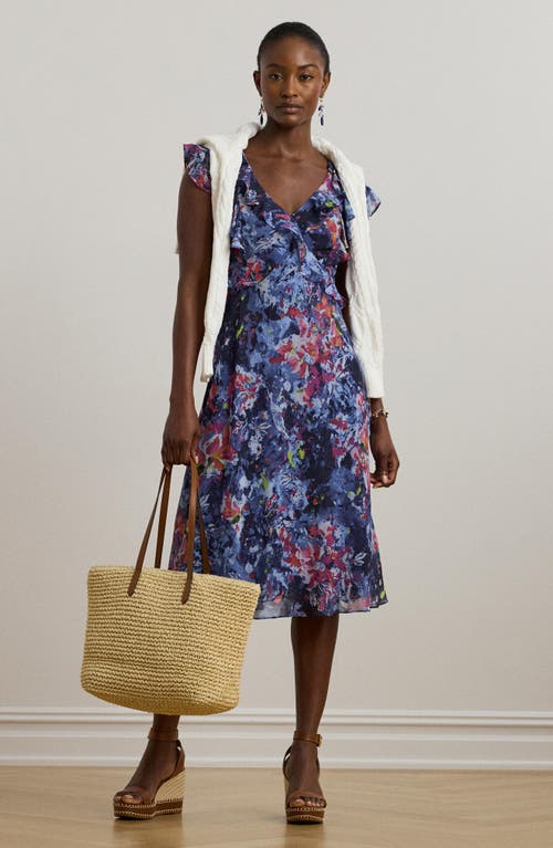 Ralph Lauren Petite Print Ruffle-trim Georgette Midi Dress In Blue