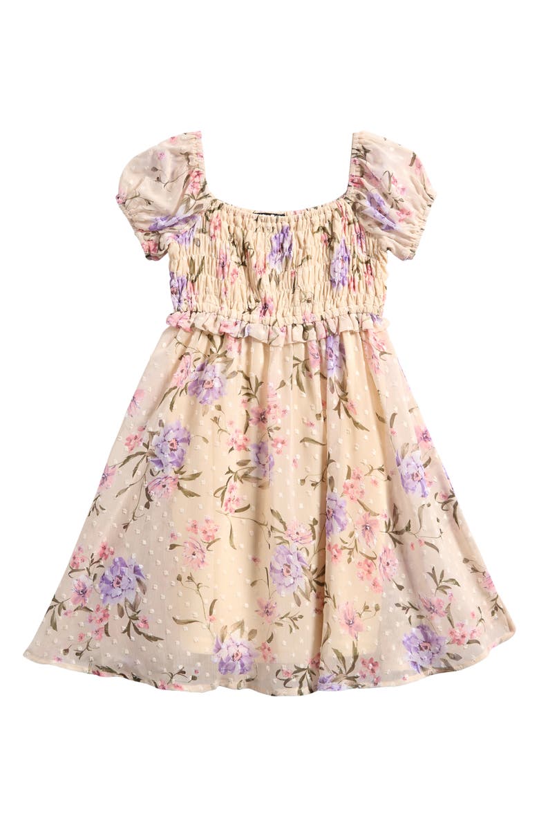 Ava & Yelly Kids' Smocked Puff Sleeve Party Dress, Main, color, Ivory Multi