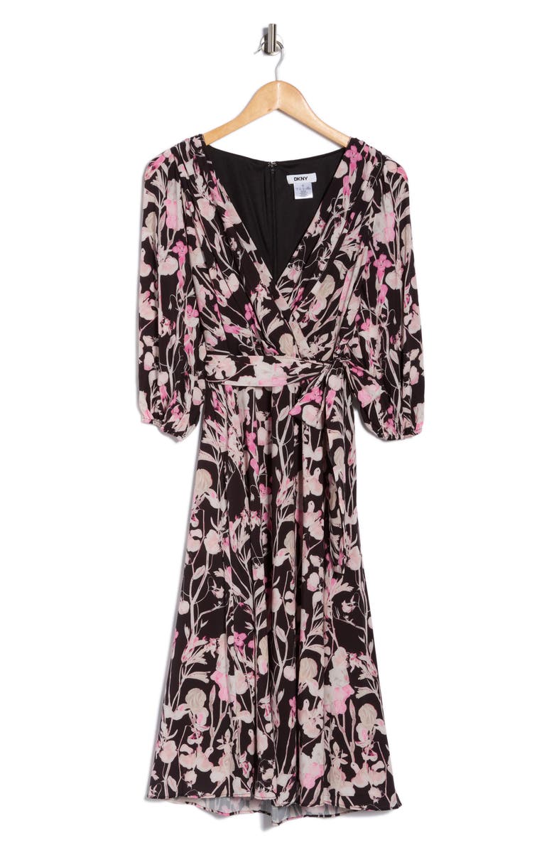 DKNY Floral Balloon Sleeve Faux Wrap Dress, Alternate, color, Sweetest Of Peas- Black Multi