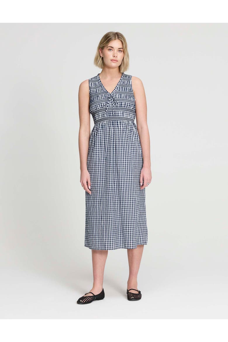 Petite Hadlee Gingham Shirred Midi Dress, Main, color, Black Gingham