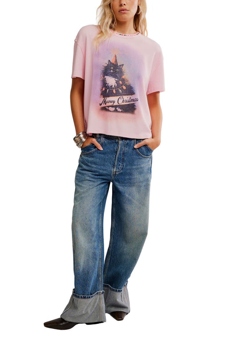 Merry Holiday Waffle Knit Cotton Graphic T-Shirt, Alternate, color, PINK COMBO