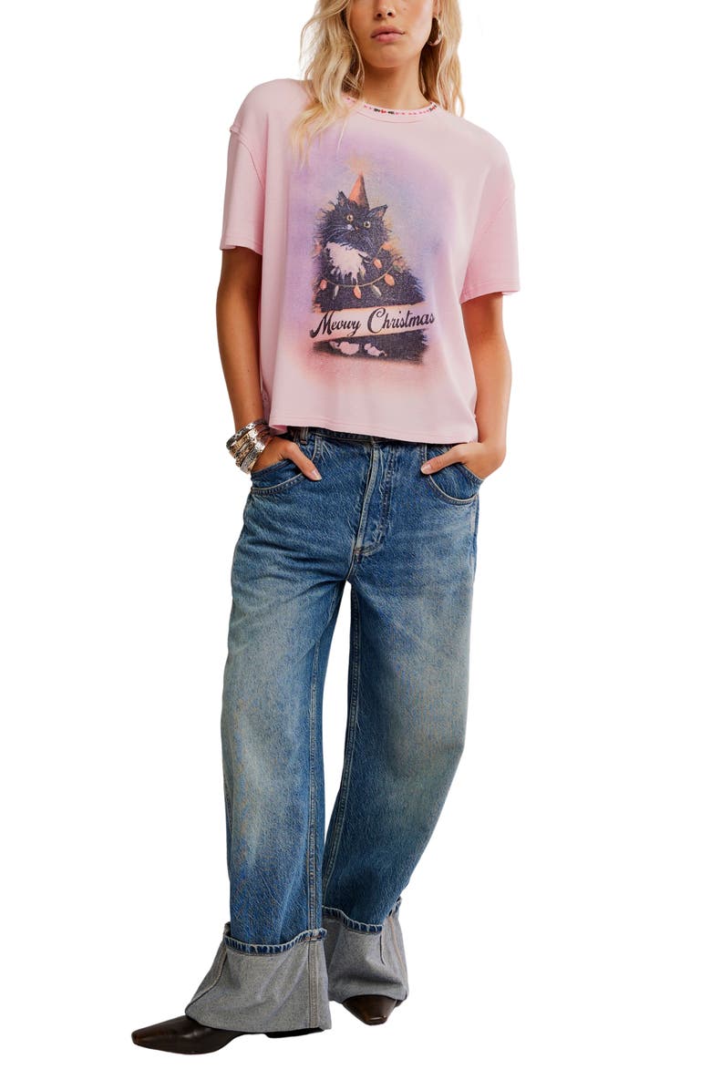 Free People Merry Holiday Waffle Knit Cotton Graphic T-Shirt, Alternate, color, Pink Combo