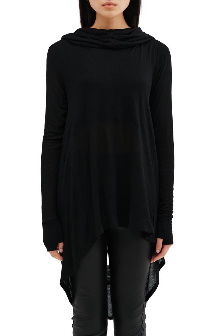 Oslo Semisheer Long Sleeve High-Low Jersey Tunic, Main, color, BLACK