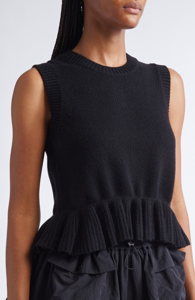 Cecilie Bahnsen Bill Ruffled Peplum Recycled Cashmere & Wool Sweater Vest, Alternate, color, Black