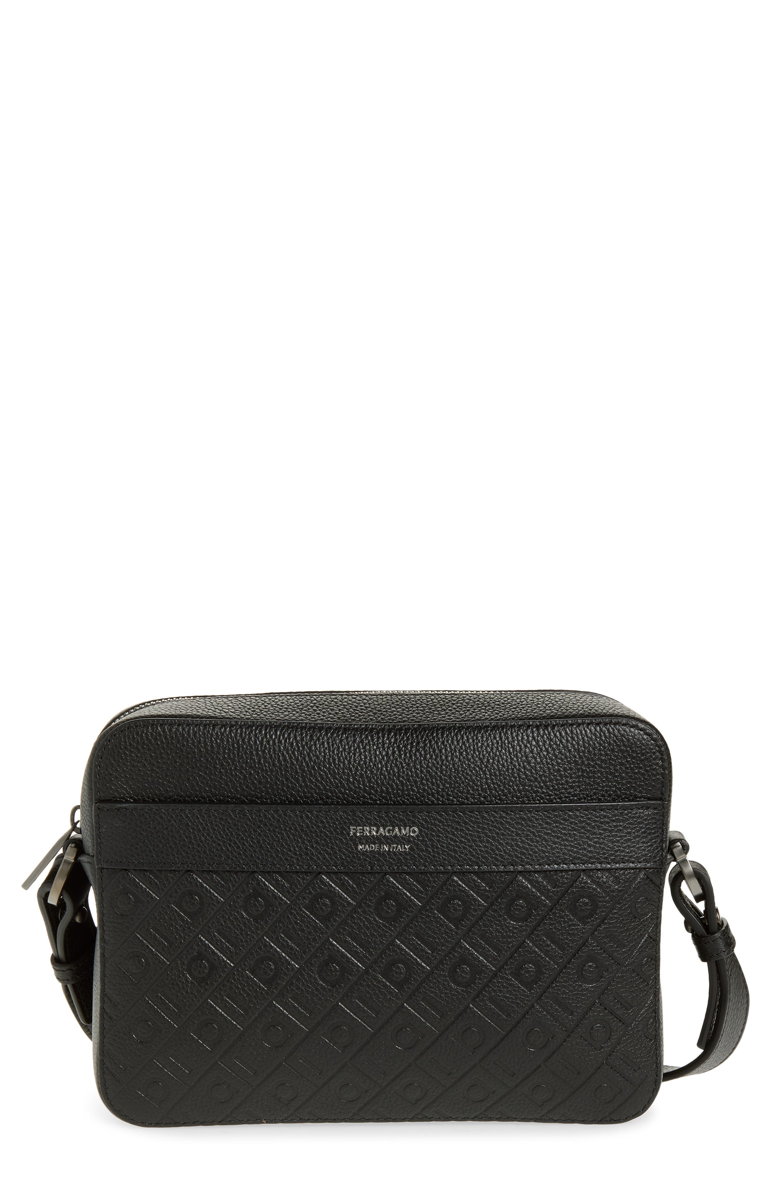 FERRAGAMO Embossed Gancini Shoulder Bag, Main, color, Nero