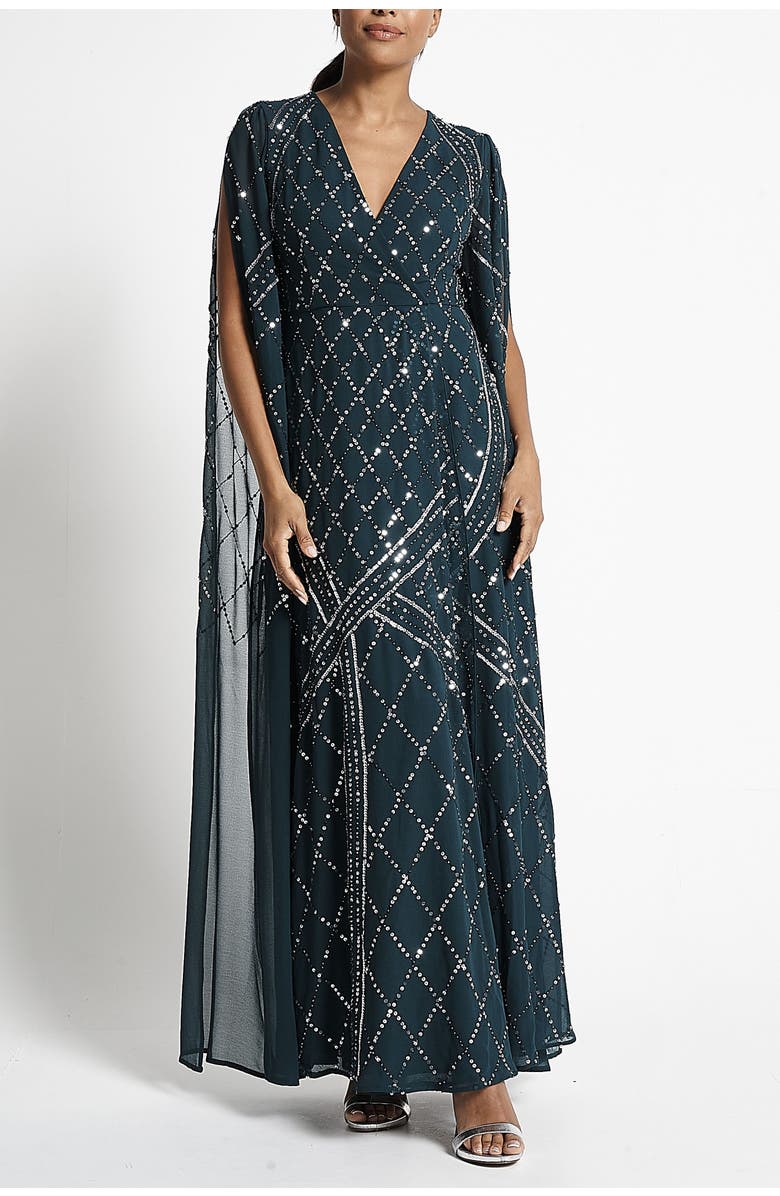 Frock and Frill Cape Sleeve Maxi Gown with Tonal Embellishment, Main, color, 