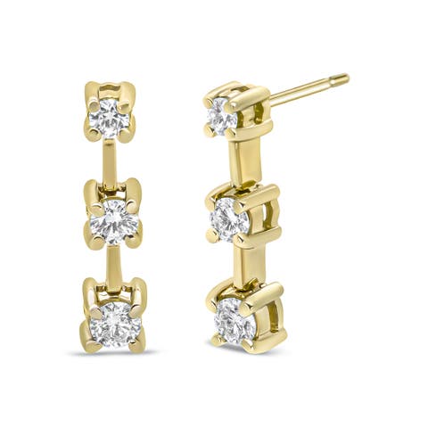 14K Yellow Gold 1/2 Cttw Round Diamond 3 Stone Stud Earrings